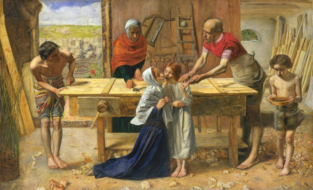 Young Jesus in a carpenter’s workshop with His family